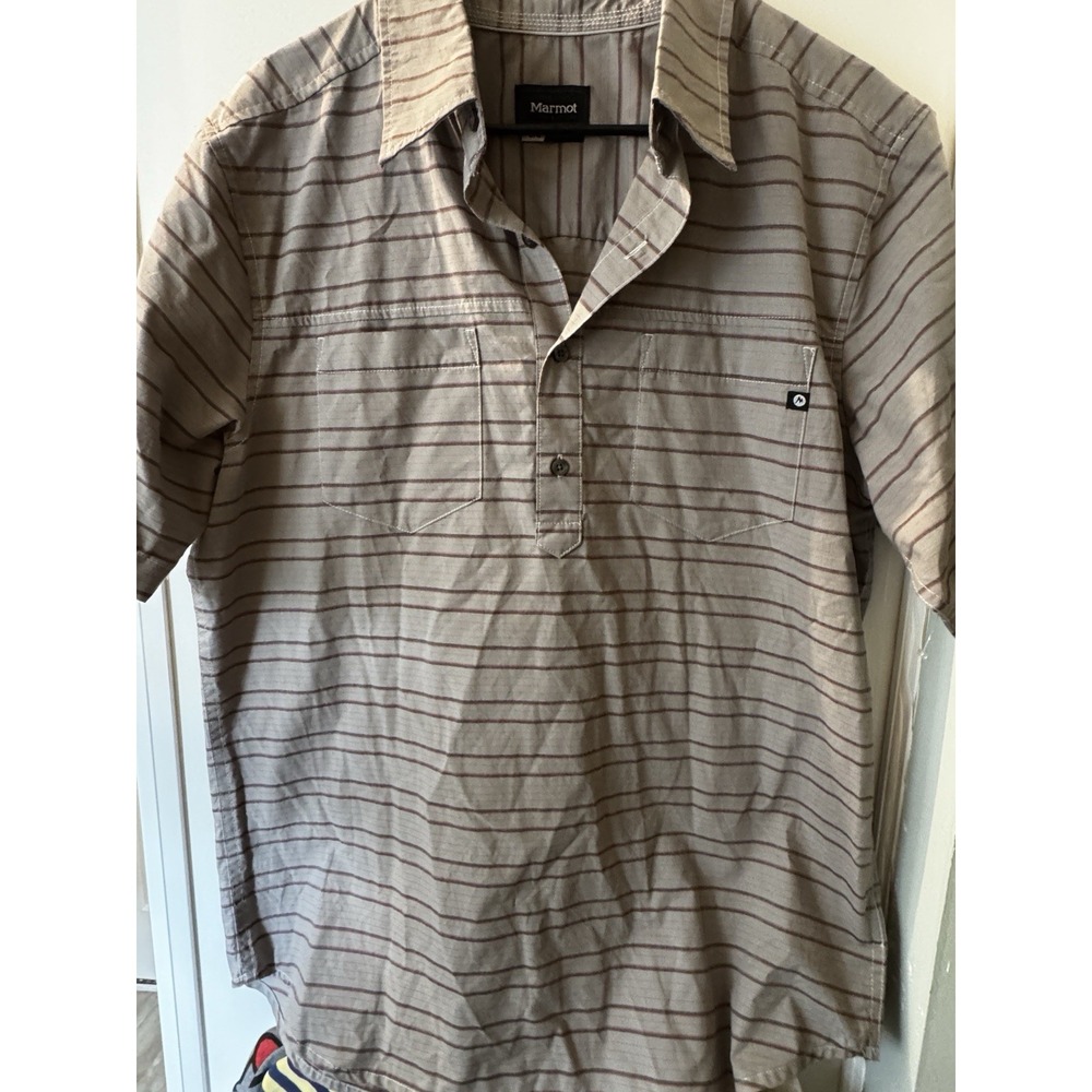 Marmot 3 Button Up Shirt Mens Large Striped Outdoors Organic Cotton Pocket